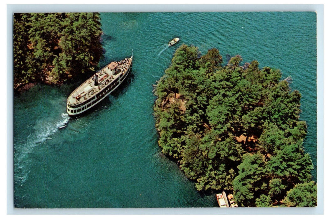 c1960's Aerial View MV Mohican Ship Paradise Bay on Lake George NY Postcard