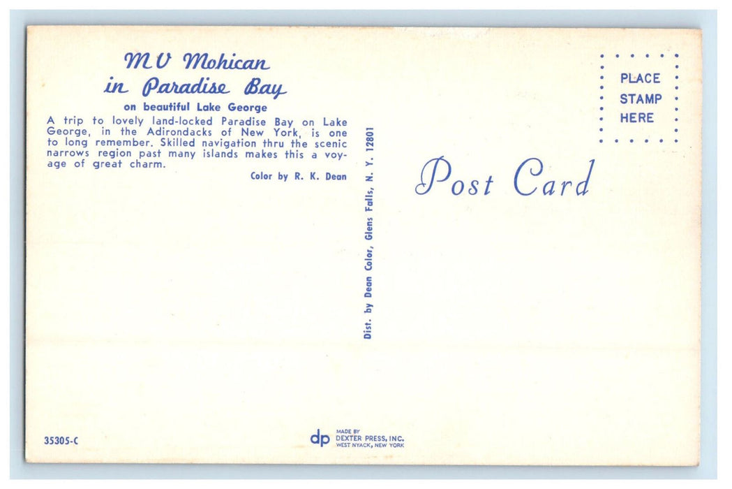 c1960's Aerial View MV Mohican Ship Paradise Bay on Lake George NY Postcard