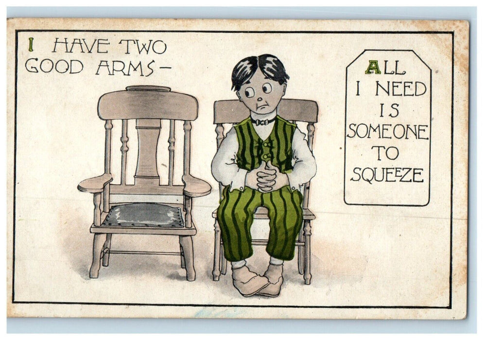 c1910's Valentines Day Boy Sitting Chair I have Two Good Arms Antique Postcard