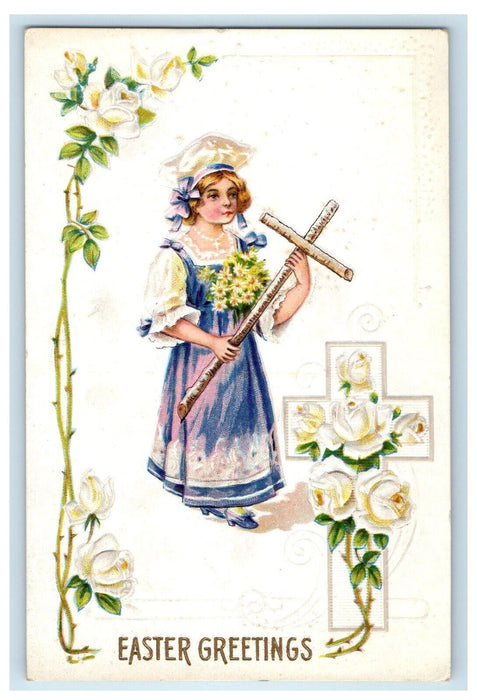 c1910's Easter Greetings Girl With Cross And Flowers Embossed Antique Postcard