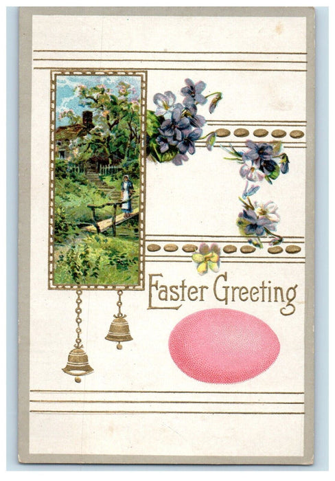 1910 Easter Greetings Girl Rustic Bridge Flowers Art Nouveau Embossed Postcard