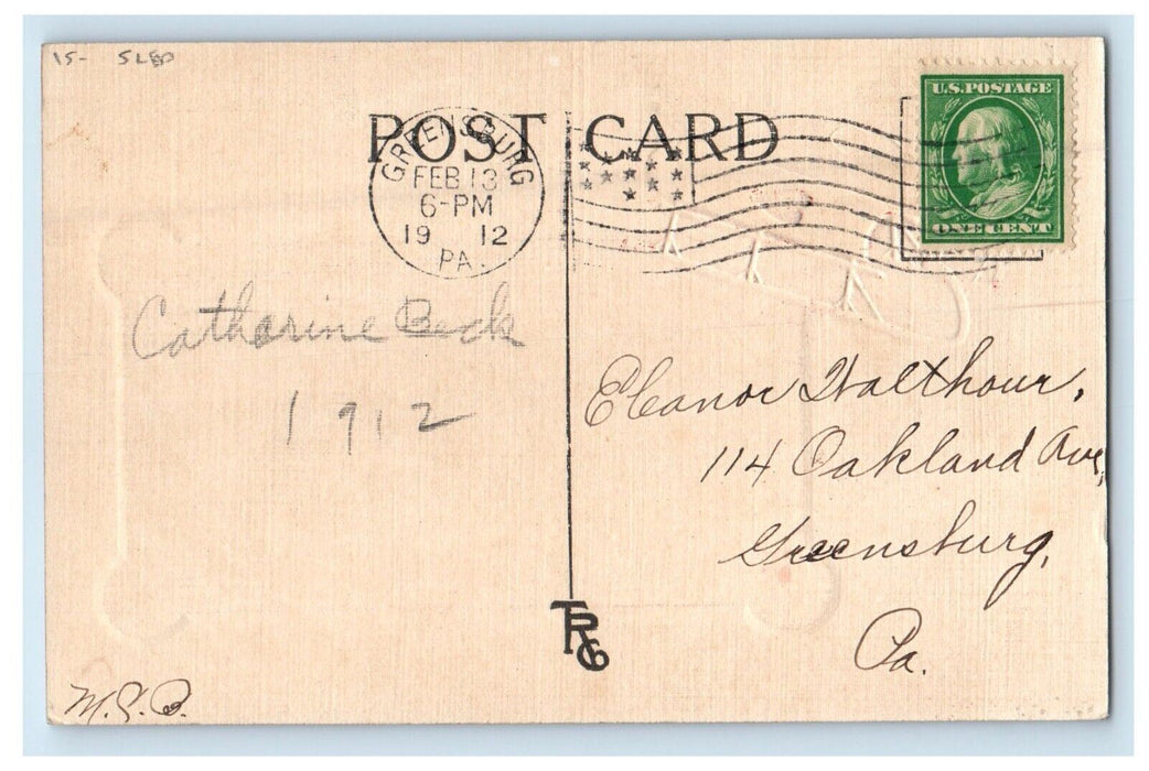 1912 Valentine Sled Heart Embossed Greenburg Pennsylvania PA Antique Postcard