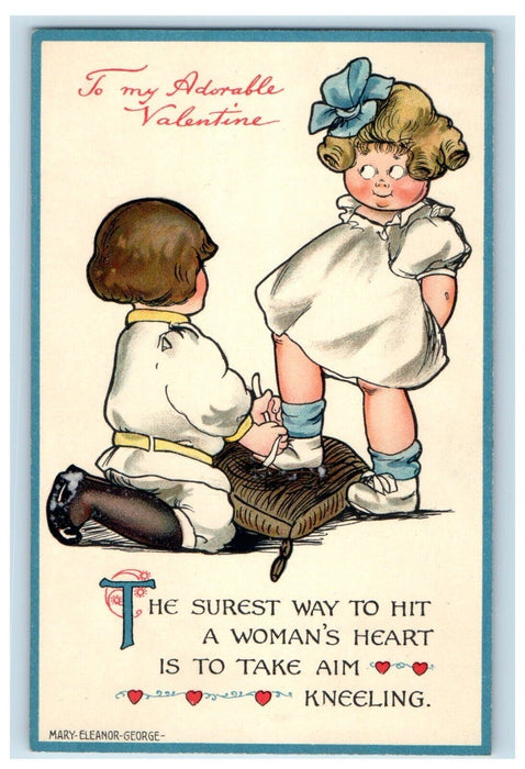 1911 Valentine Boy Kneeling Fixing Shoe Lace Poem Posted Antique Postcard