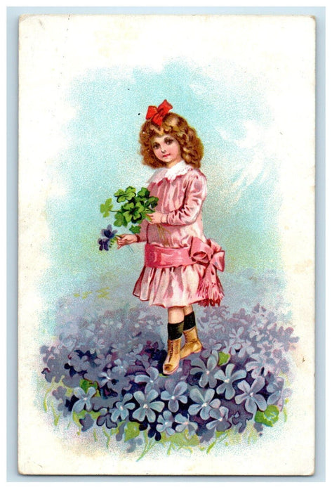 c1910's Beautiful Girl Dress Pink Ribbon Shamrock Pansies Flowers Italy Postcard