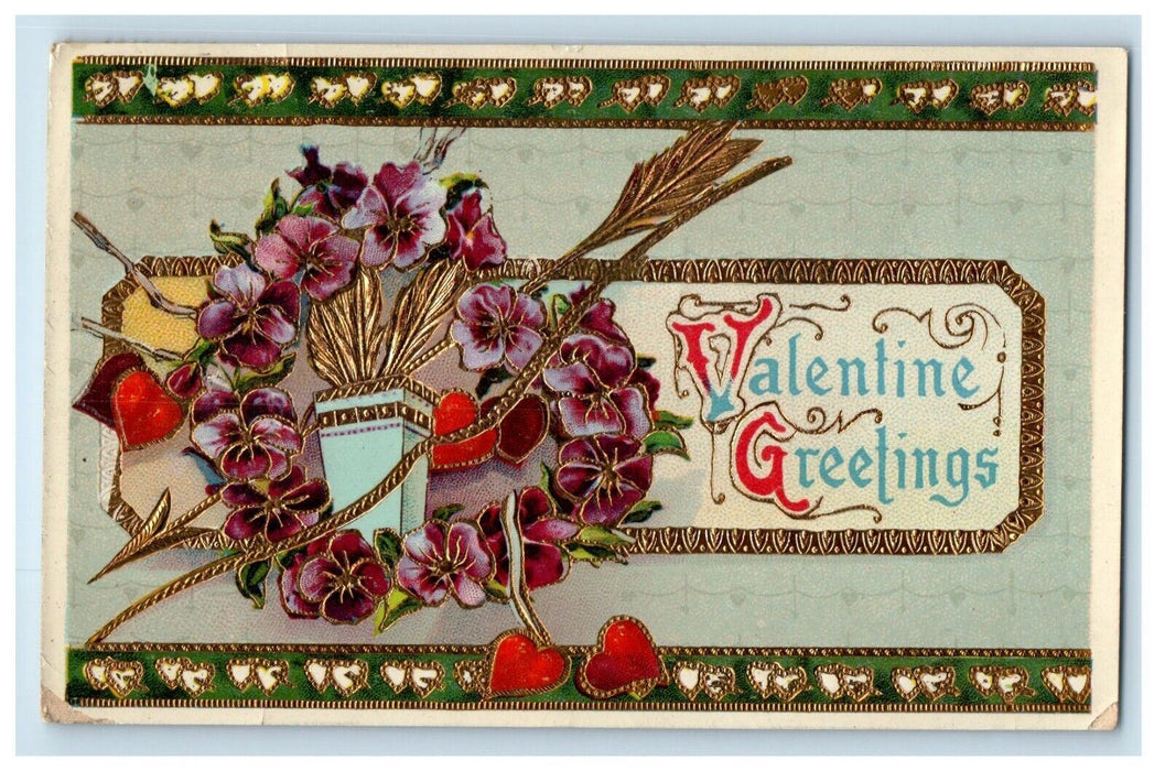 1912 Valentine Greetings Arrow And Flowers Heart Gold Gilt Gel Embossed Postcard