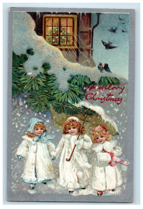 c1910's Merry Christmas Cute Little Girls Umbrella Warmer Winter Tuck's Postcard