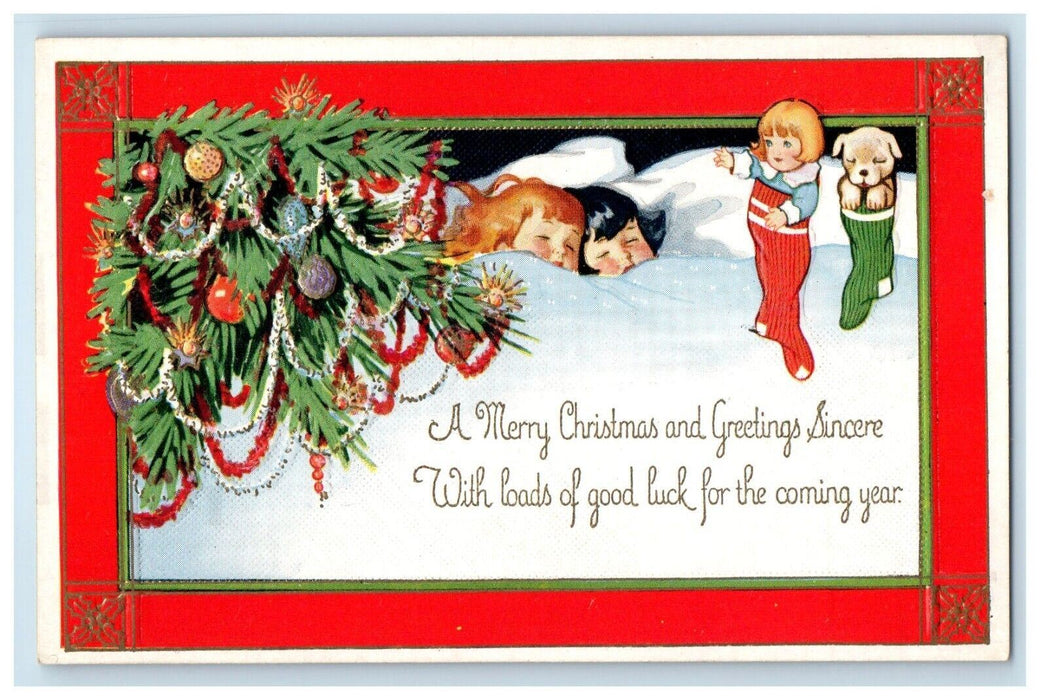 c1910's Christmas Greetings Christmas Tree Girls Sleeping Embossed Postcard