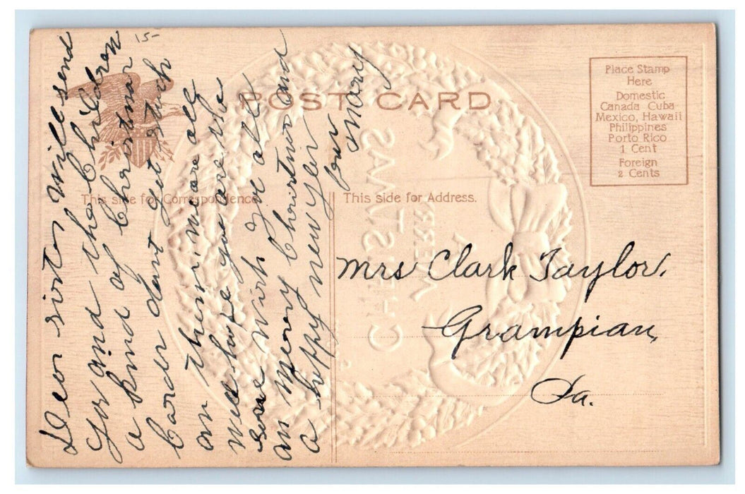c1910's Merry Christmas Wheat Airbrushed Embossed Posted Antique Postcard