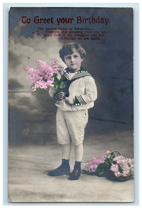 1916 Birthday Greetings Little Boy Basket Of  Flowers RPPC Photo Tinted Postcard