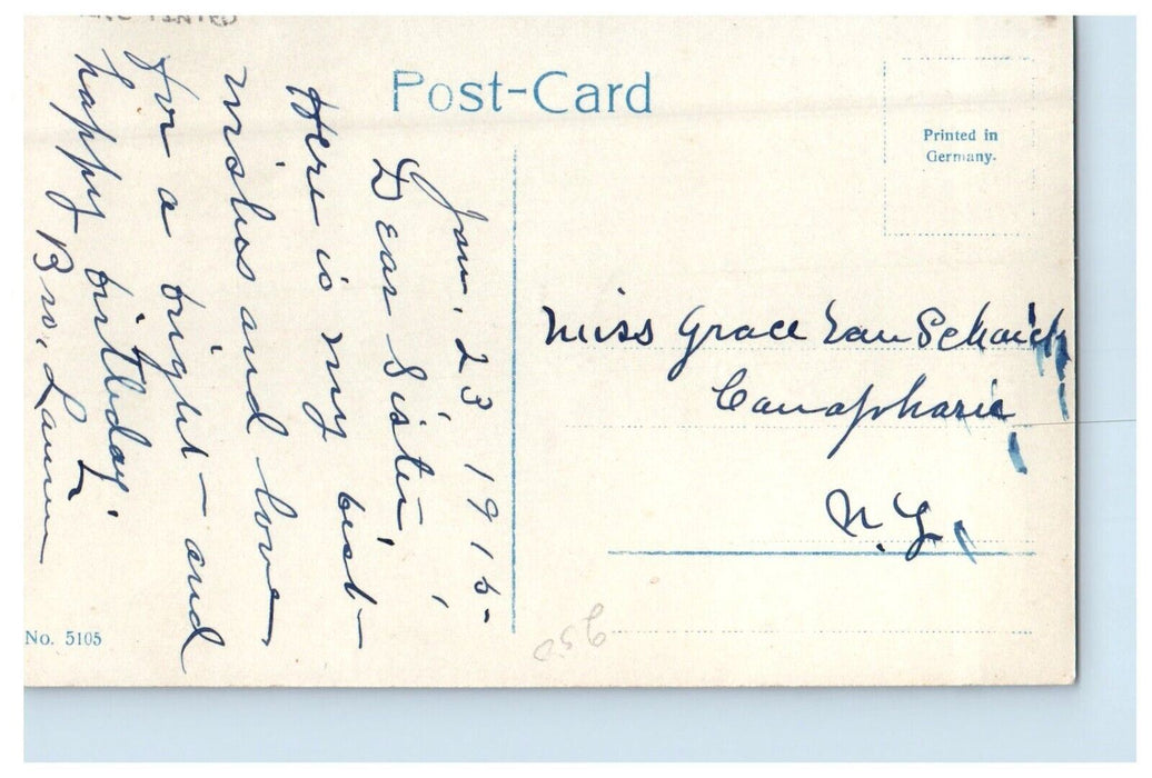 1916 Birthday Greetings Little Boy Basket Of  Flowers RPPC Photo Tinted Postcard
