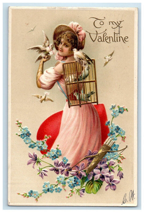 1909 Valentine Victorian Girl Birds Cage Pansies Flowers Embossed Postcard