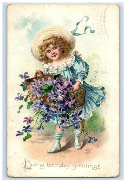 1909 Birthday Greetings Pretty Girl With Basket Flowers Embossed Tuck's Postcard