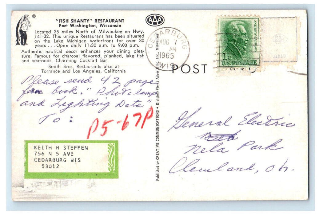 1965 Smith Bros Fish Shanty Restaurant Fort Washington Wisconsin WI Postcard