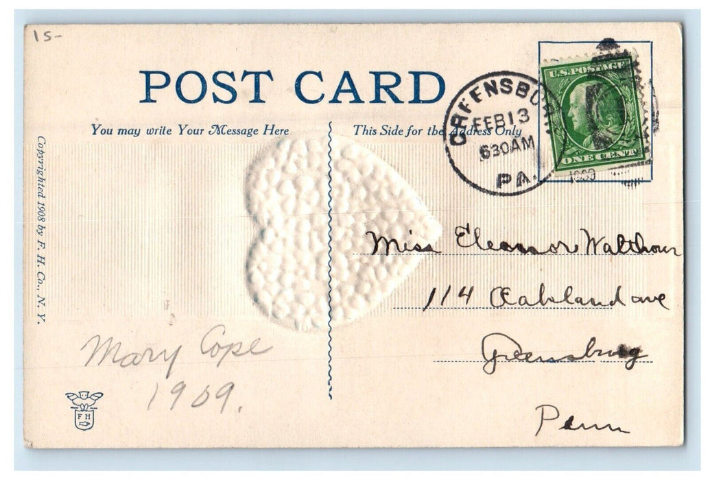 1909 Valentine Pansies Flowers Heart Embossed Greensburg PA Antique Postcard