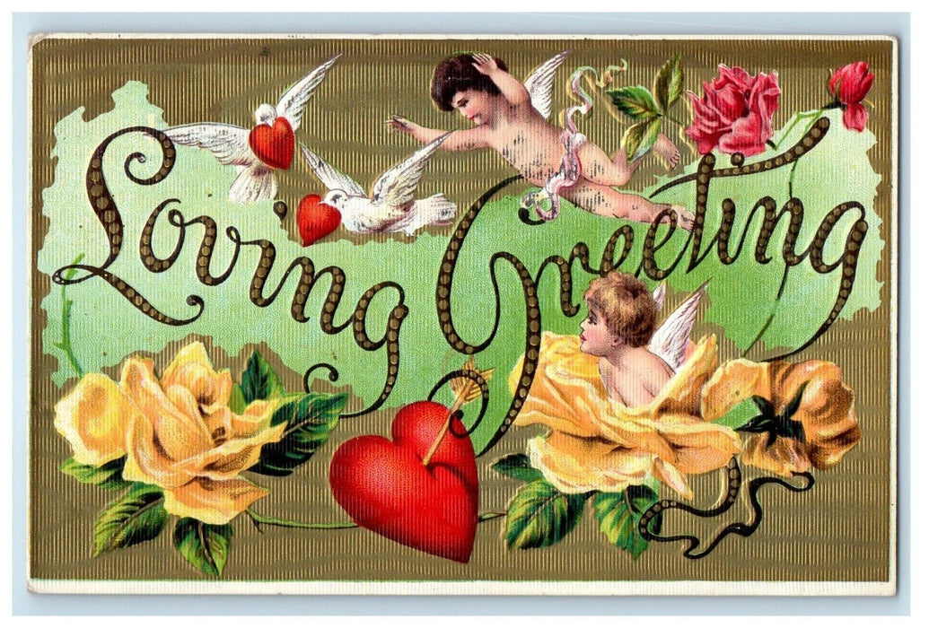 1910 Valentine Greetings Cherub Angels Dove Hearts Flowers Embossed  Postcard