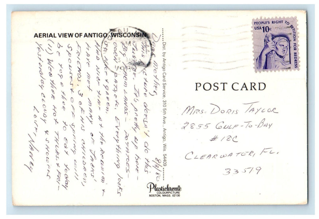 1980 Aerial View of Antigo Wisconsin Greetings from Antigo WI Postcard