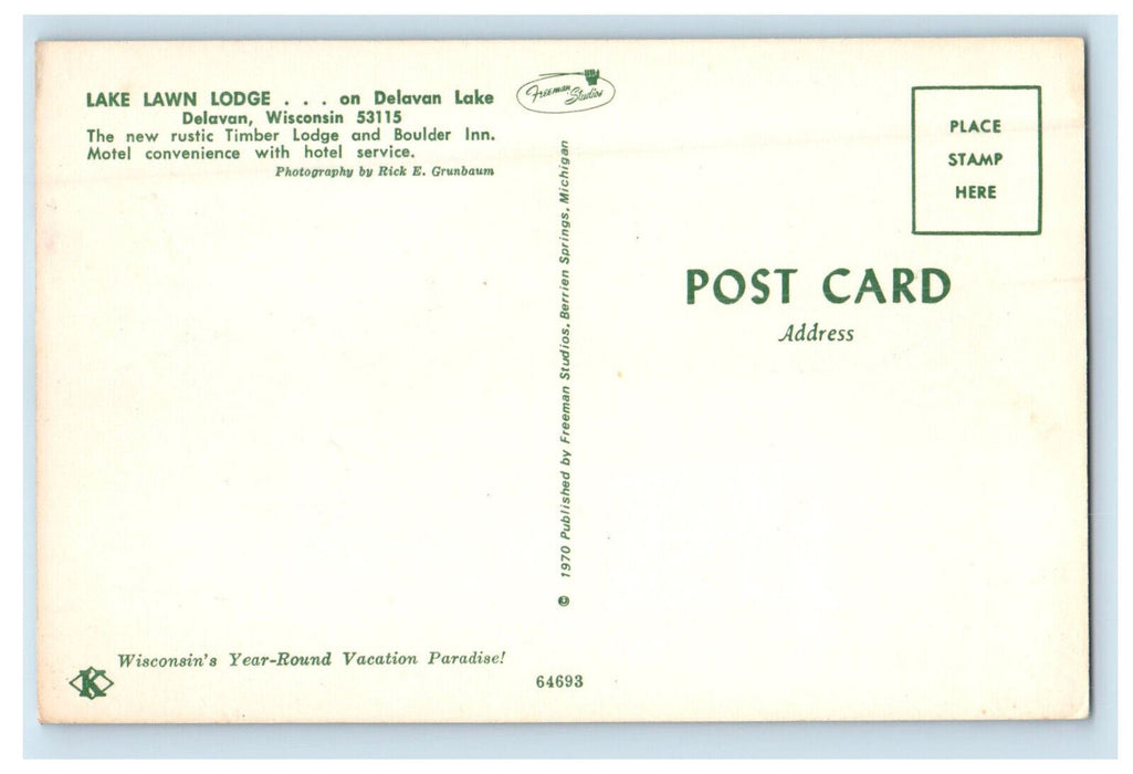 c1970's New Rustic Timber Lodge & Boulder Inn Lake Lawn Lodge WI Postcard