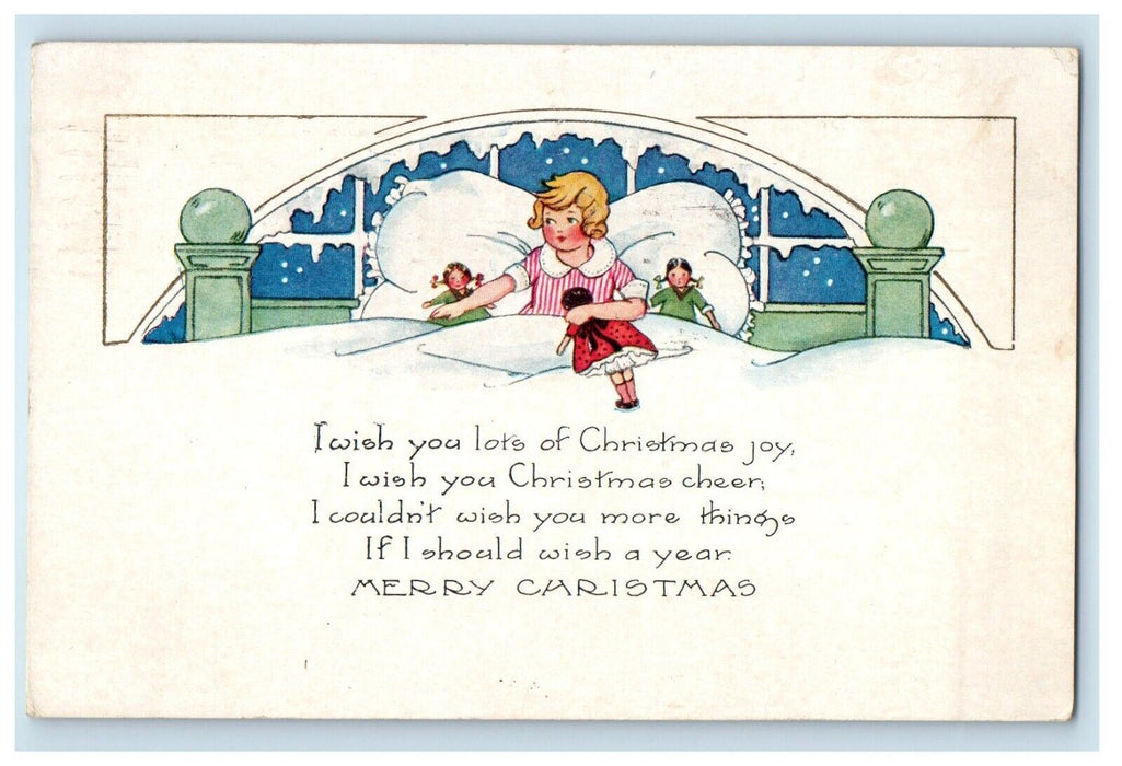 1922 Merry Christmas Seal Girl Bed With Dolls Winter Snowfall Vintage Postcard
