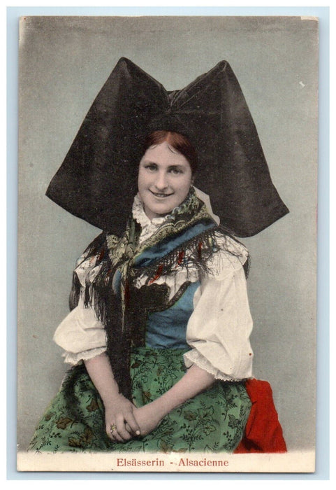 c1910's France Folklore Giant Black Ribbon Studio Portrait Antique Postcard