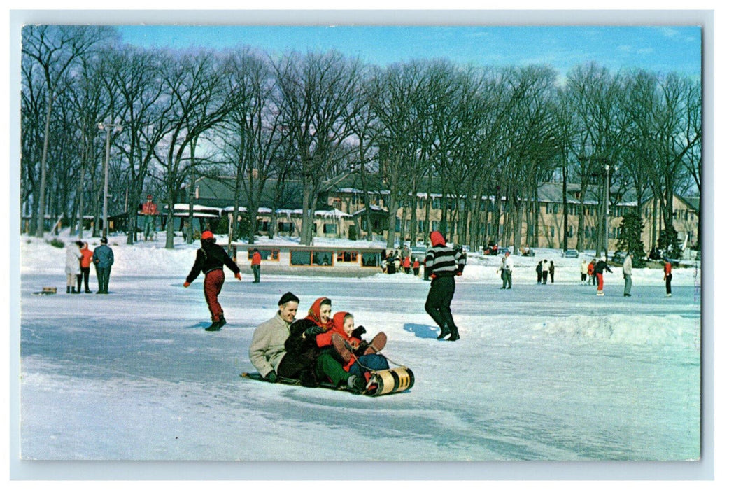 1970 Lake Lawn Lodge Ice Skating and Tobogganing Delavan Wisconsin WI Postcard