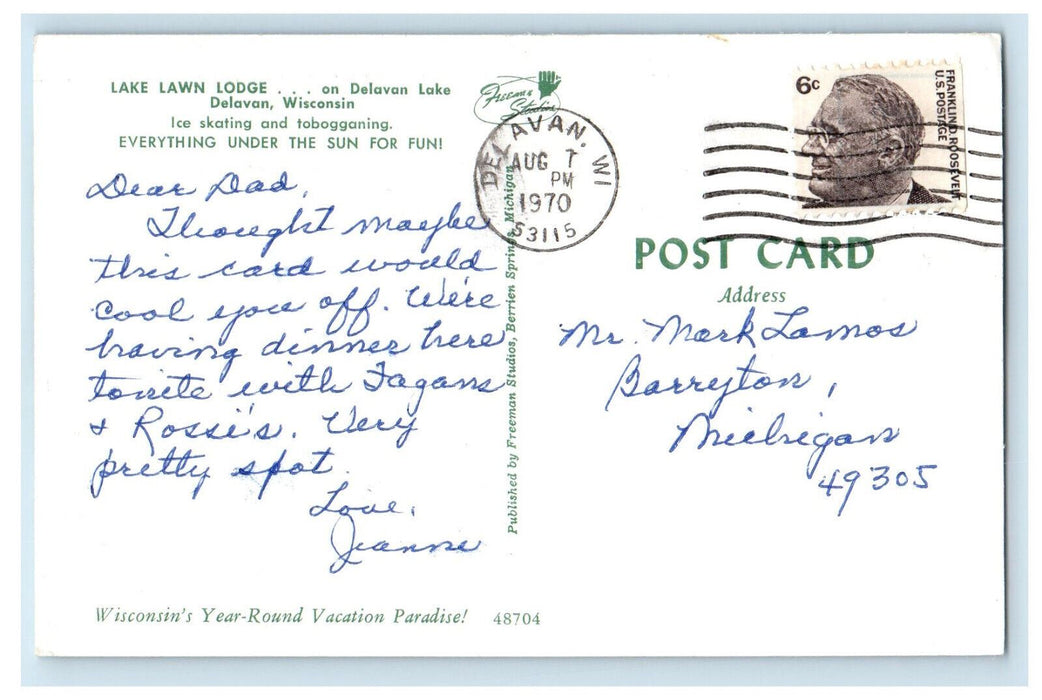 1970 Lake Lawn Lodge Ice Skating and Tobogganing Delavan Wisconsin WI Postcard