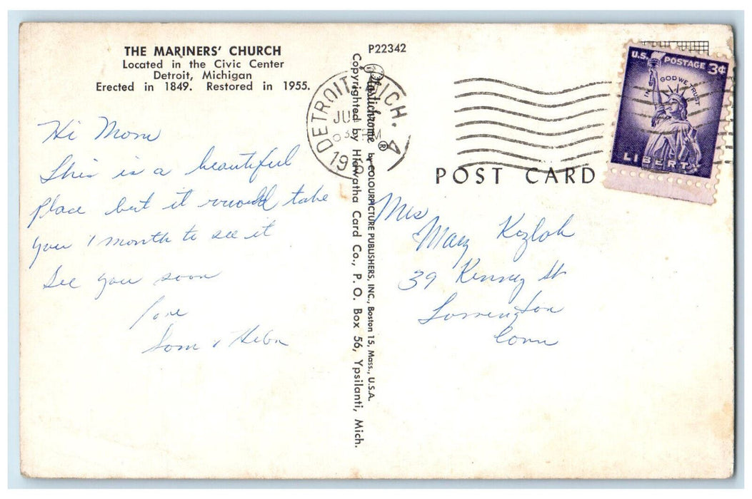 1961 The Mariners Church, Civic Center, Detroit Michigan MI Postcard