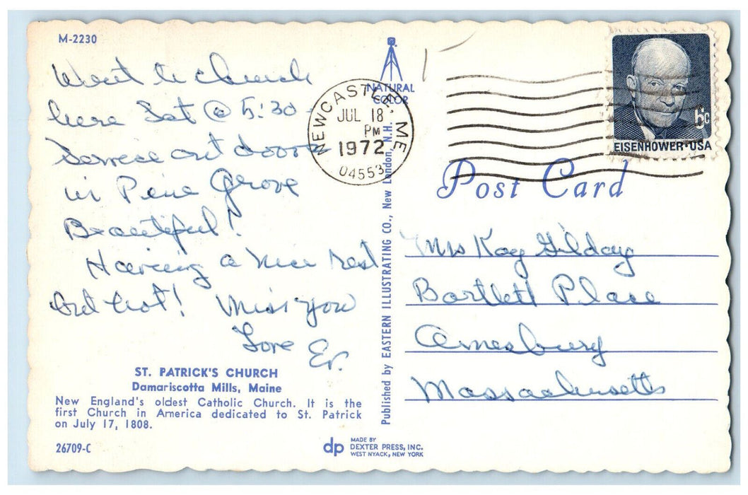 1972 St. Patrick's Church, Damariscotta Mills, Maine ME Vintage Postcard