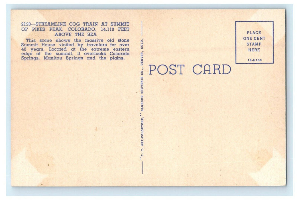 c1920 Streamline Cog Train at Summit of Pikes Peak Colorado CO Unposted Postcard