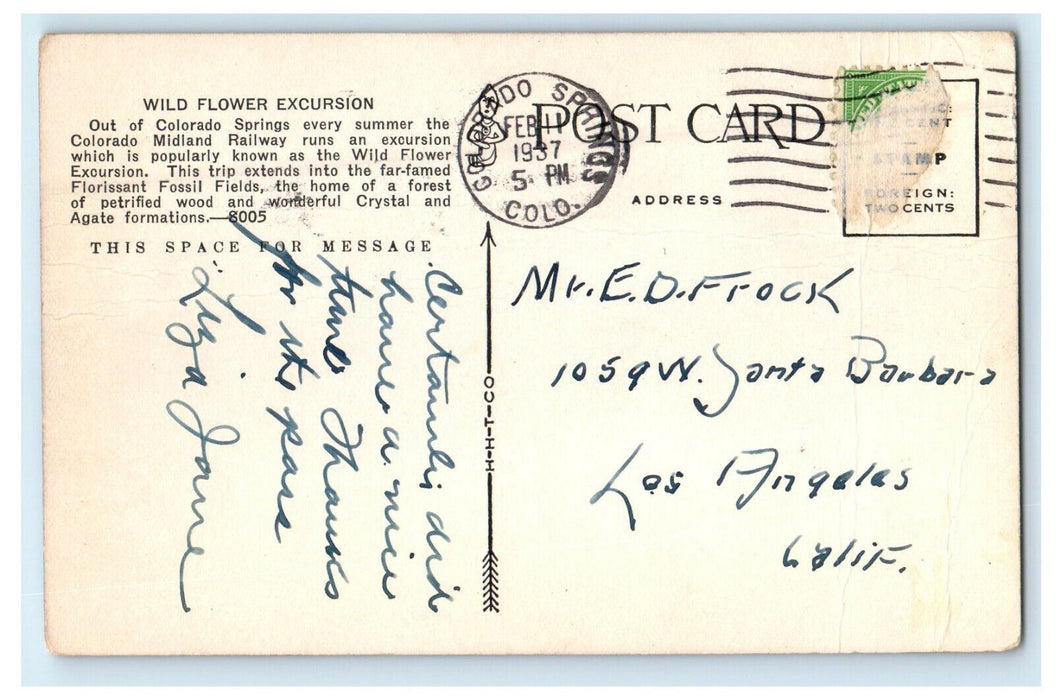 1937 Wild Flower Excursion Colorado Midland Railway CO Posted Postcard