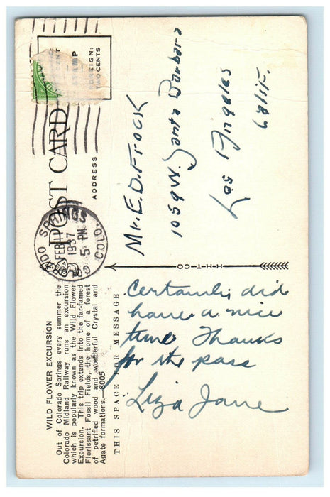 1937 Wild Flower Excursion Colorado Midland Railway CO Posted Postcard