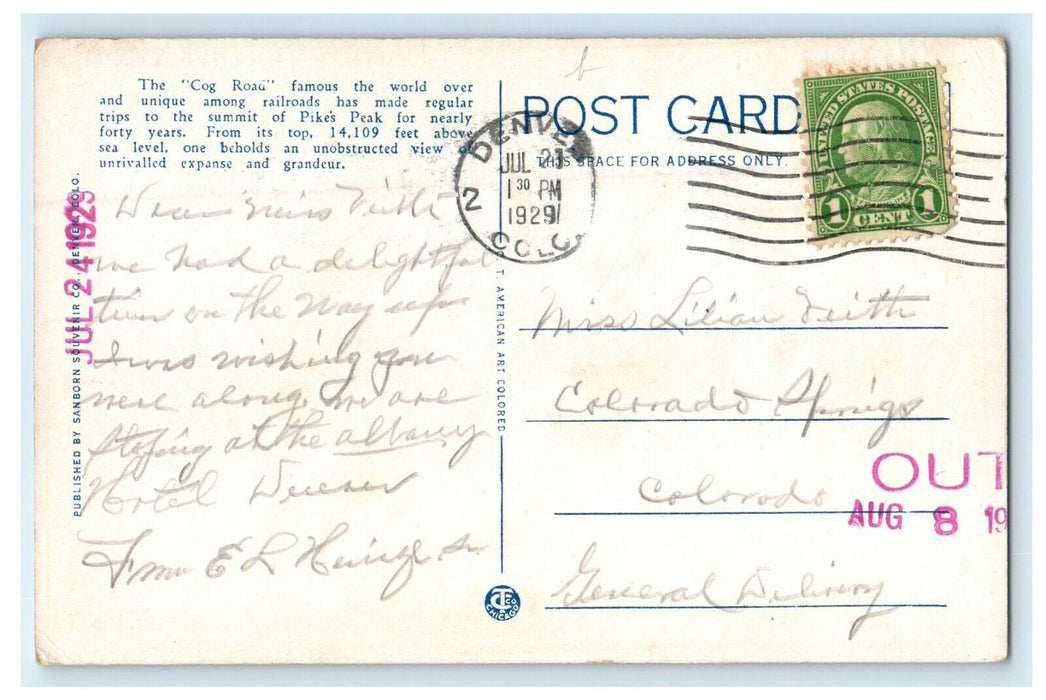 1929 Cog Wheel Train at Summit of Pikes Peak Colorado CO Postcard