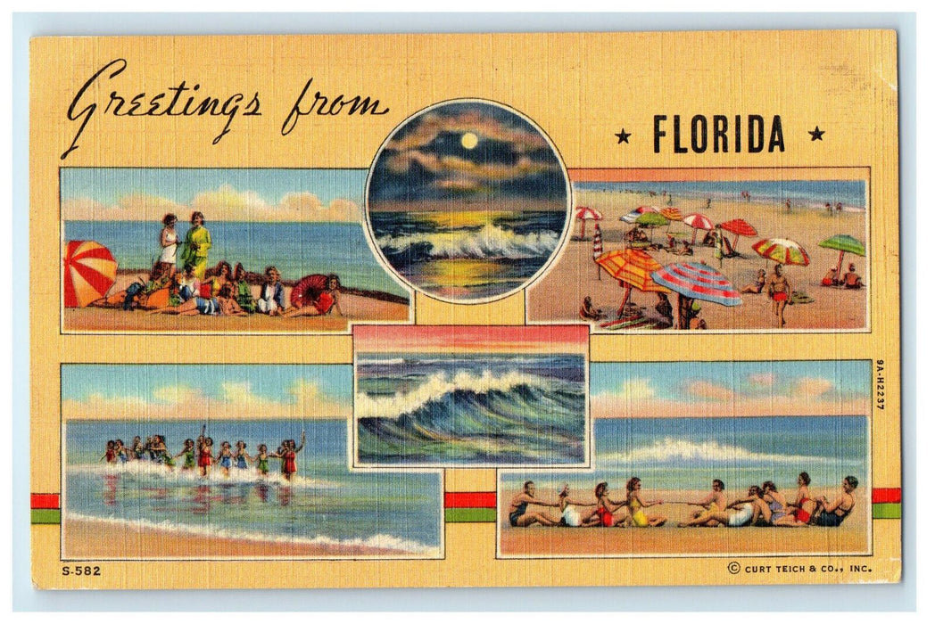 c1940s Showing Beach at Day and Moonlight, Greetings From Florida FL Postcard