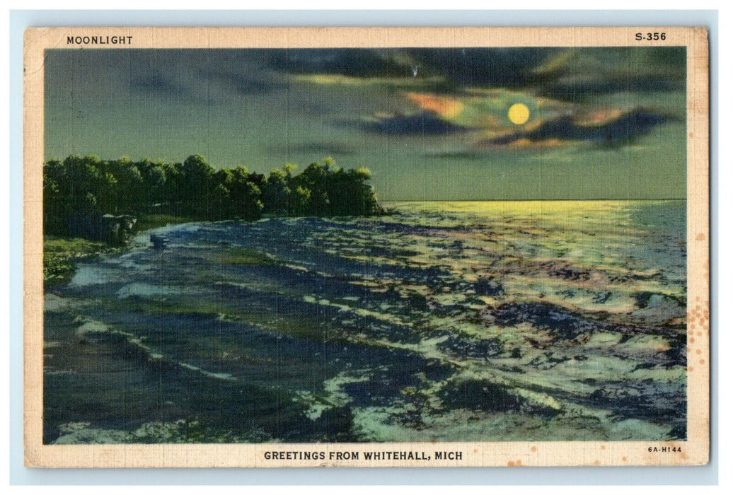 1931 Sea By Moonlight, Greetings from Whitehall Michigan MI Posted Postcard