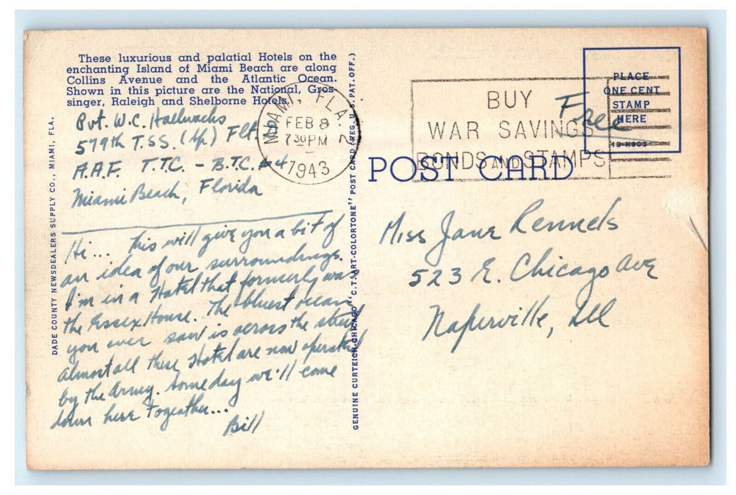 1943 Palatial Ocean Hotels, Miami Beach Florida FL Soldier Mail WW2 Postcard