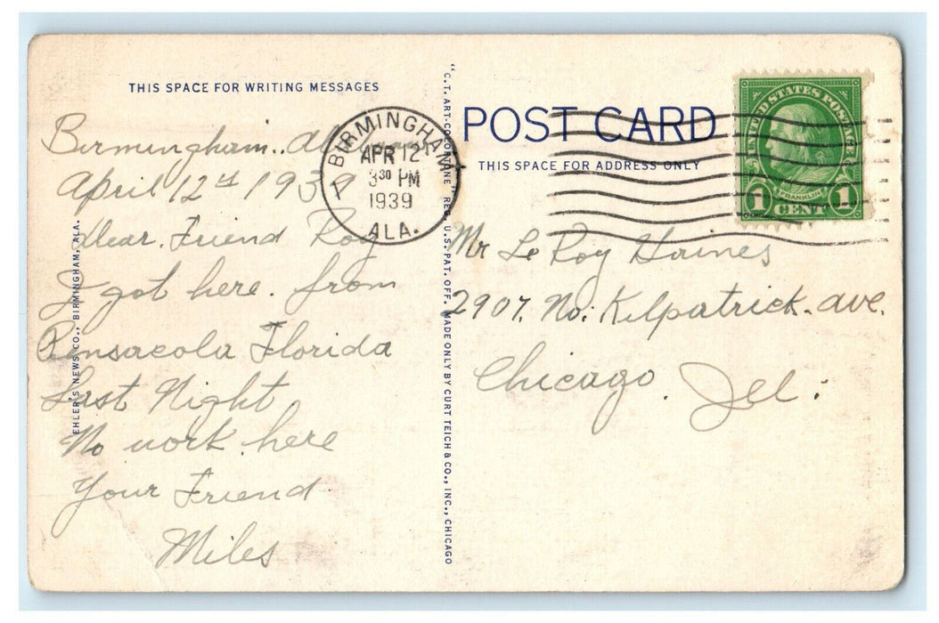 1939 View of Places, Greetings from Birmingham Alabama AL, Posted Postcard