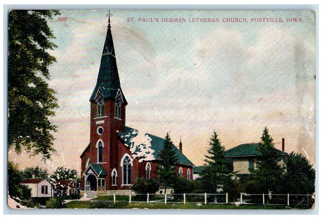 1909 St. Paul's German Lutheran Church, Postville Iowa IA Antique Postcard