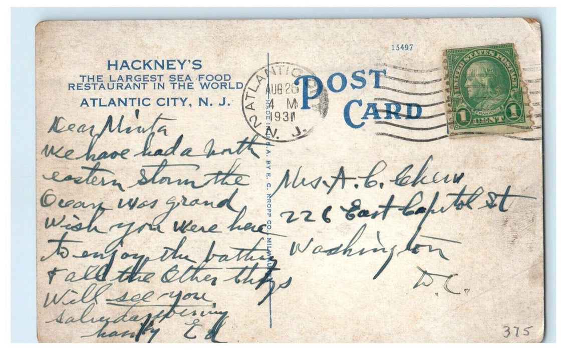 Hackney's Sea Food Restaurant Atlantic City NJ, Cook At Your Service Postcard