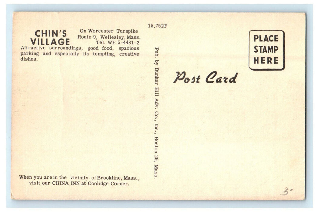 c1940s Chin's Village on Worcester Turnpike Wellesley Massachusetts MA Postcard