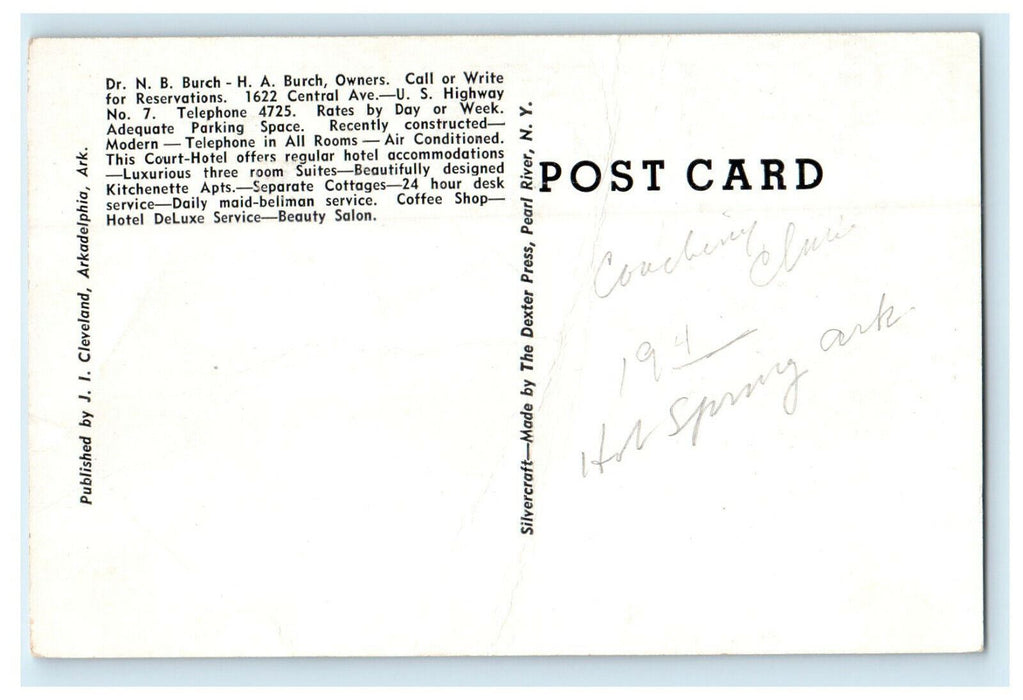 1940 Fountain Court Hotel, Hot Springs Newest Court Arkansas AR Postcard