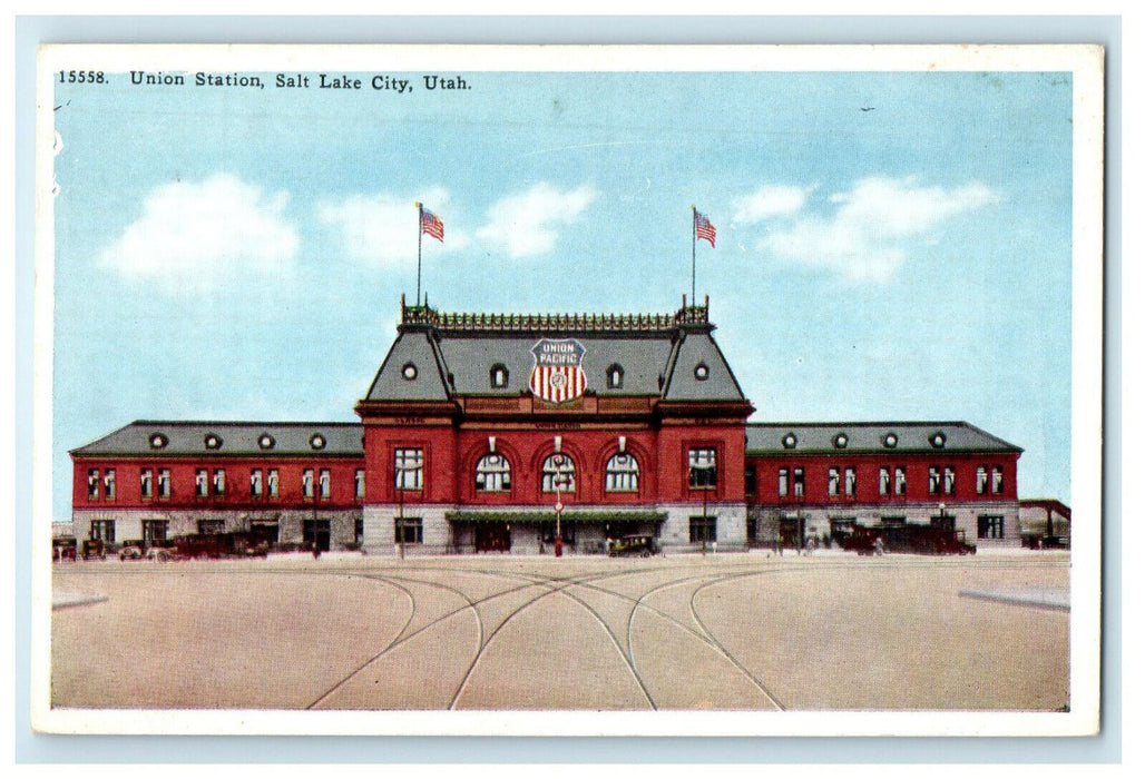 c1920 Car Scene Union Pacific Station, Salt Lake City, Utah UT Unposted Postcard