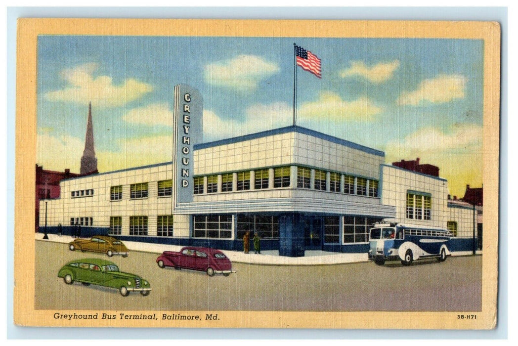 c1940's Greyhound Bus Terminal Street View Cars Baltimore Maryland MD Postcard