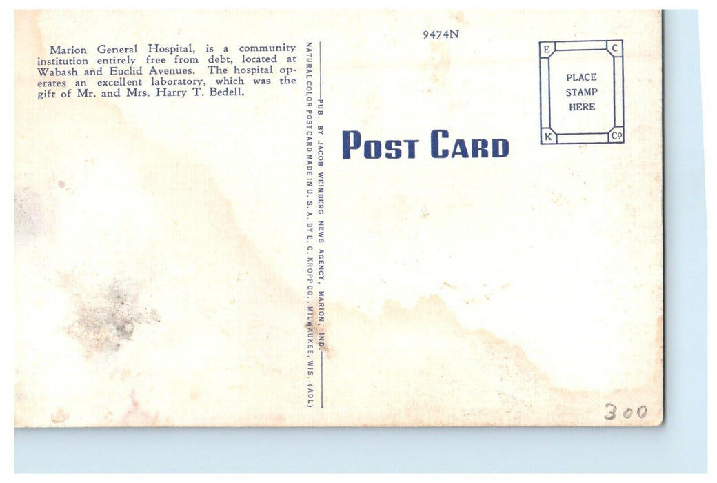c1940's Marion General Hospital Building Marion Indiana IN Vintage Postcard
