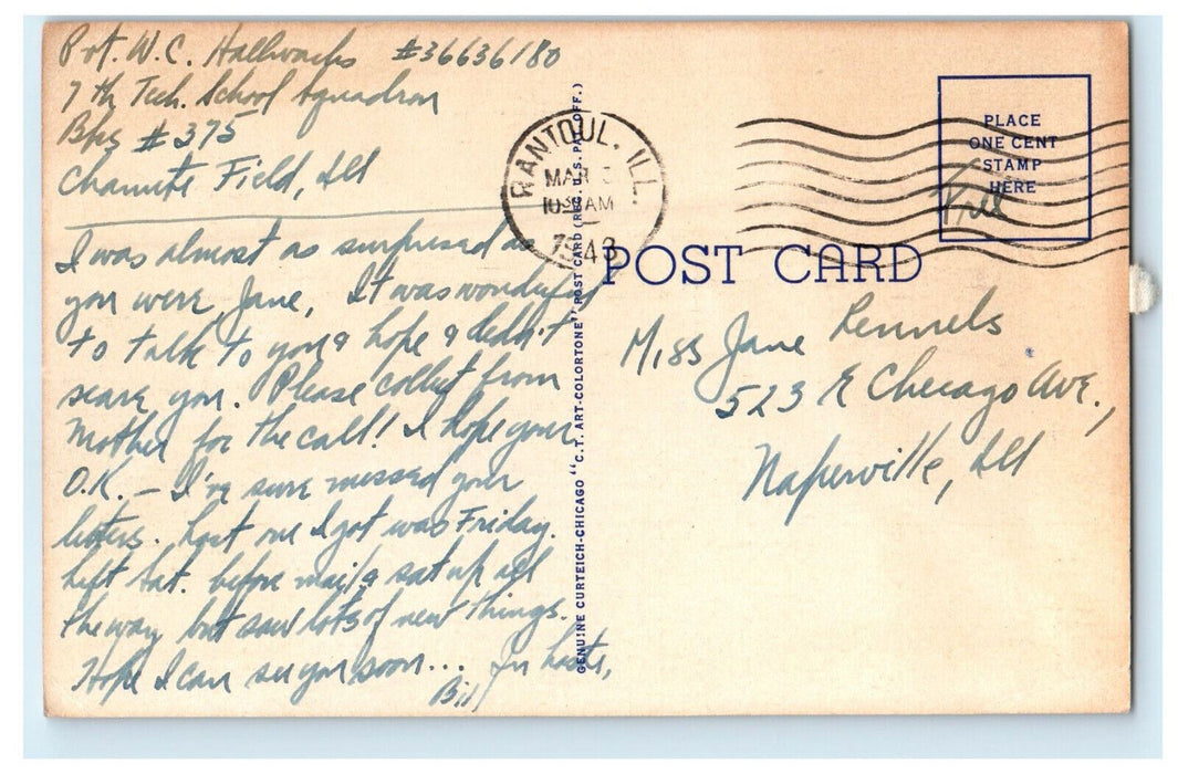 1943 Student Barrack No. Chanute Field Rantoul Illinois IL Posted Postcard