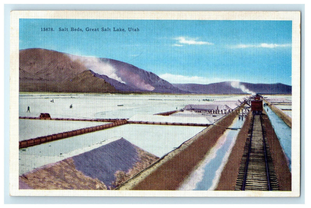 c1910s View of Train Locomotive, Salt Beds, Great Salt Lake, Utah UT Postcard