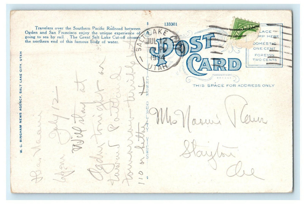 1934 Train Crossing Great Salt Lake Utah UT using Lucin Cut Off Bridge Postcard