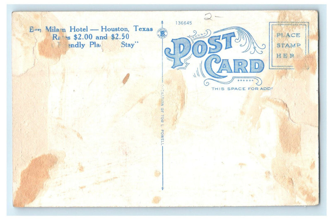 c1940s Ben Milam Hotel, Coffee Shop View, Houston Texas TX Unposted Postcard