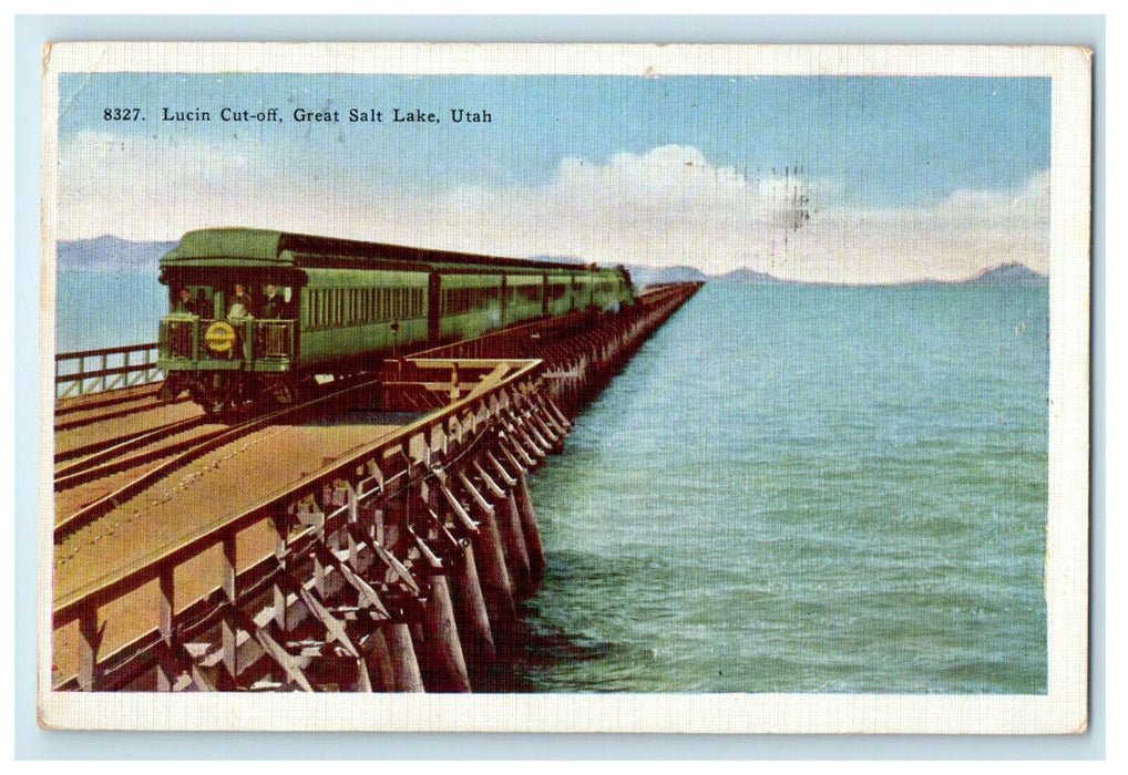 1942Train in Lucin Cut-Off Great Salt Lake, Utah UT Posted Cancel Postcard