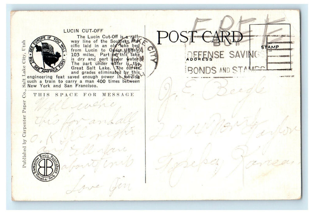 1942Train in Lucin Cut-Off Great Salt Lake, Utah UT Posted Cancel Postcard