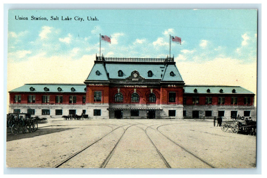 Two US Flags, Union Station, Salt Lake City Utah UT Unposted Postcard