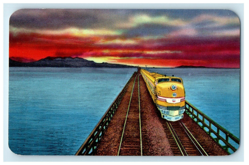 c1920s Train Locomotive, Great Salt Lake Cutoff, Utah UT at Sunset Postcard